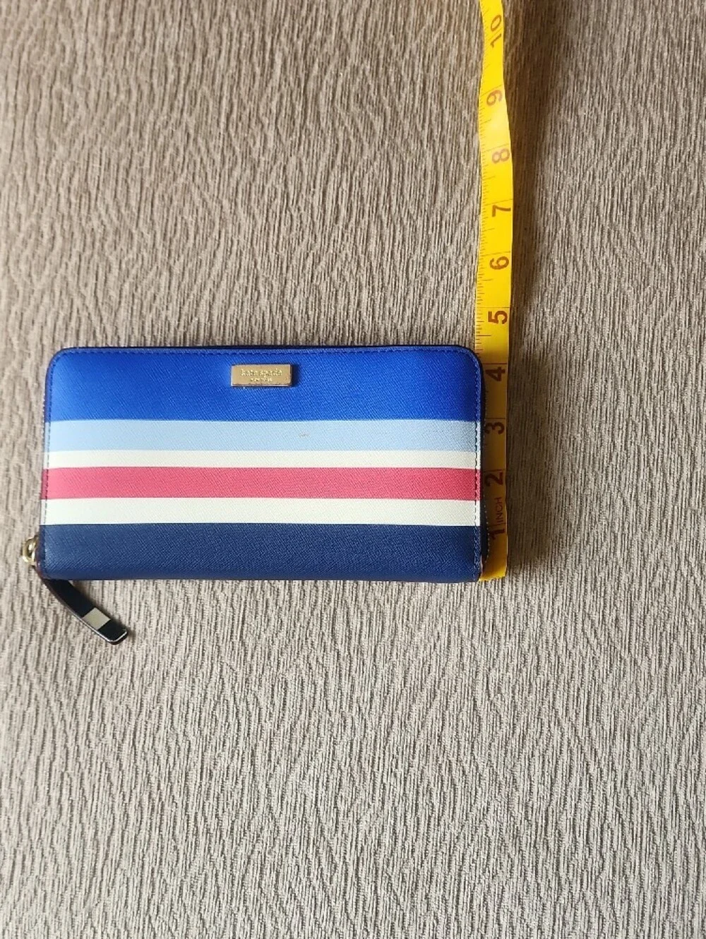 Kate Spade Blue, Light Blue, White & Red Striped Zip Wallet